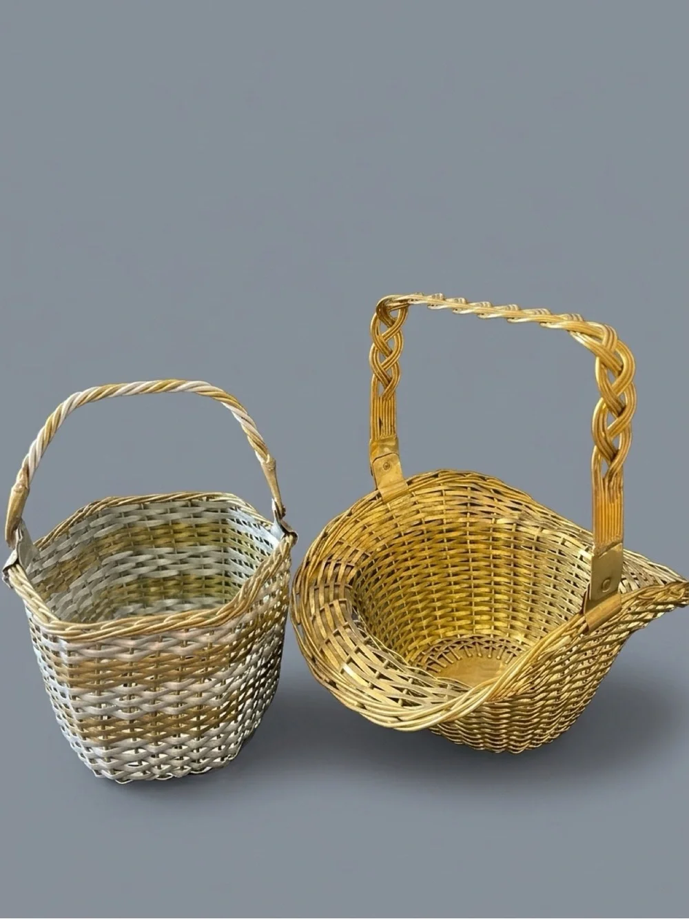 Vintage 2pc Small Woven Decorative Brass Wire Basket Set Round Gold & Silver